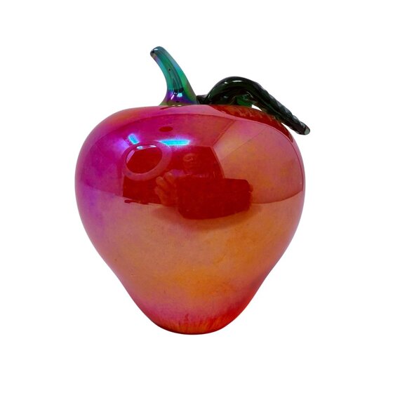 Vintage Glass Eye Studio Red Iridescent Glass Apple Paperweight, Signed GES 99 - Picture 5 of 9